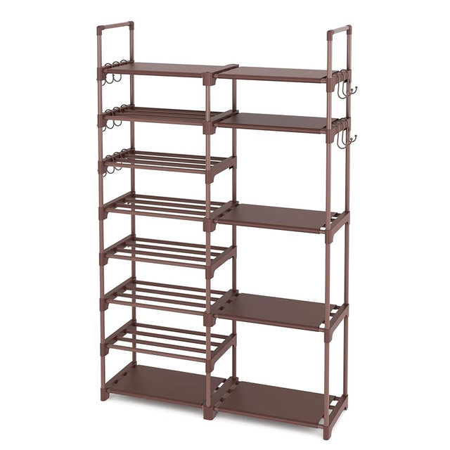 ROJASOP Shoe Rack Organizer, 8-Tier Metal Shoe Rack for Closet Entryway Garage, 26-32 Pairs Tall Shoe Boot Storage Shelf with 15 Hooks, Stackable Large Shoe Stand, Brown