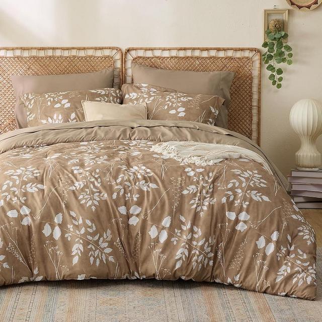 Bedsure Taupe Queen Comforter Set - 7 Pieces Floral Bedding Sets Queen Bed in a Bag with Reversible Botanical Flowers Comforter, Sheets, Pillowcases & Shams