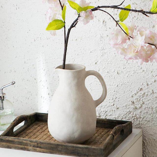 Kimdio White Ceramic Vase with Handle, Modern Farmhouse Pitcher Vase for Home Decor, Rustic Pottery Vase, Decorative Flower Vase, Clay Vase, Centerpieces for Living Room