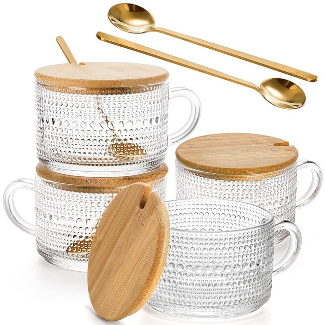 ZOOFOX 4 Pack Vintage Glass Coffee Mugs, 14 Oz Clear Latte Mug with Bamboo Lid and Gloden Spoon, Embossed Glass Cups for Iced Coffee, Espresso, Cappuccino, Cereal, Yogurt, Beverage