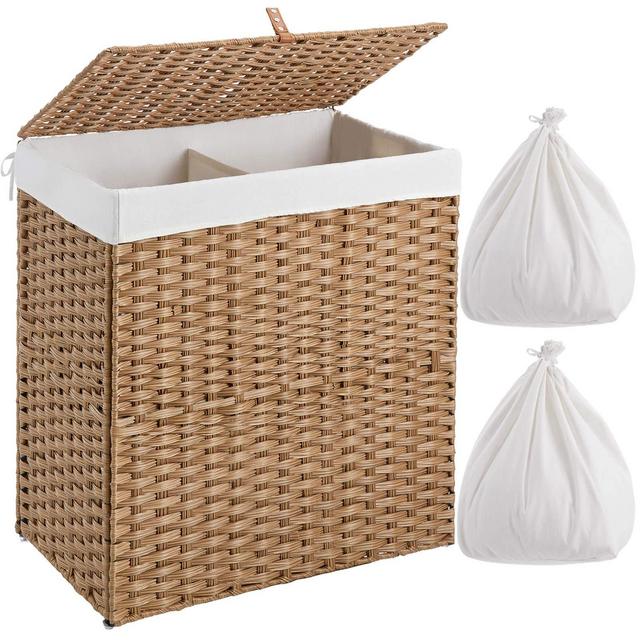 Greenstell Laundry Hamper with 2 Removable Liner Bags, Divided Clothes Hamper, 110L Handwoven Synthetic Rattan Laundry Basket with Lid and Handles, Foldable Easy to Install Natural (22x12x24 Inches)