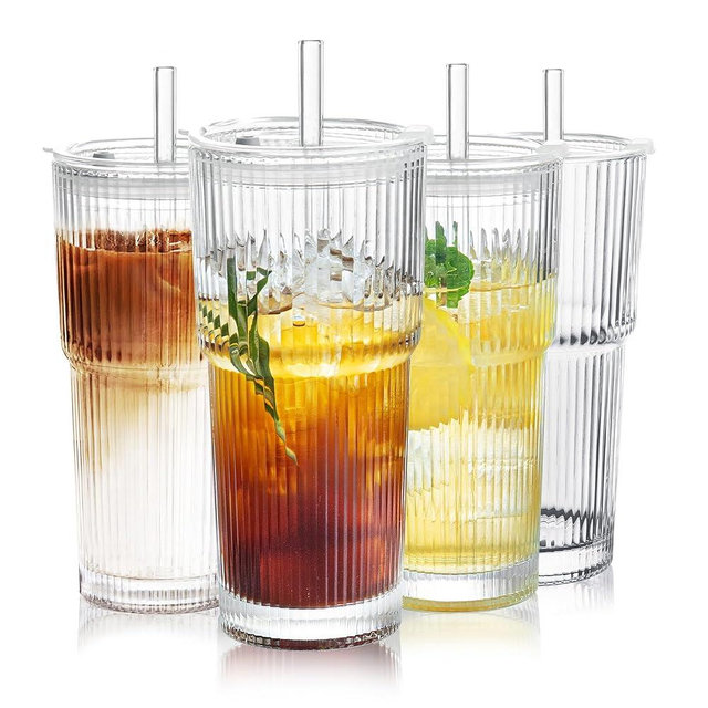 Puraville 4 Pack 20oz Glass Cups with Lids and Straws, Vintage Ribbed Glassware for Whiskey Cocktail Beer, Mason Jar Drinking Glasses Tumbler Iced Coffee Cup