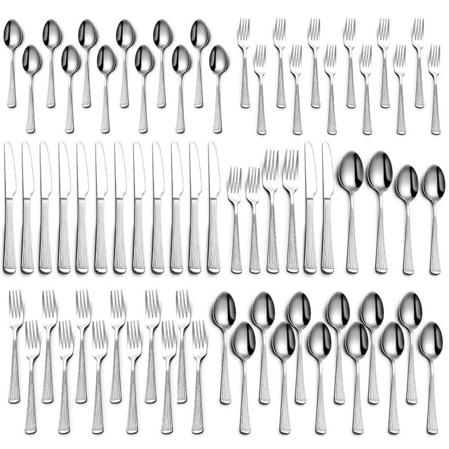 Yoehka 60-Piece Hammered Silverware Set for 12, Stainless Steel Flatware Set with Roman Column Handles, Mirror Polished Cutlery/Utensils Set for Home, Restaurant, Hotel, Dishwasher safe