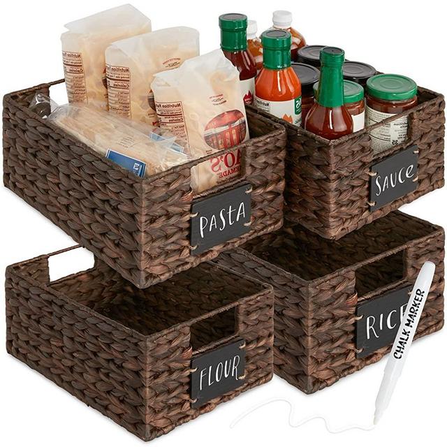 Best Choice Products Set of 4 9x12in Water Hyacinth Pantry Baskets, Woven Kitchen Organizers w/ Chalkboard Label, Chalk Marker - Brown