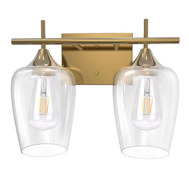 UL-Listed 2-Light Bathroom Vanity Light Fixtures JACKYLED Indoor Wall Mount Wall Sconce Brass Vanity Light with Clear Glass Shade for Bathroom Makeup Dressing Table