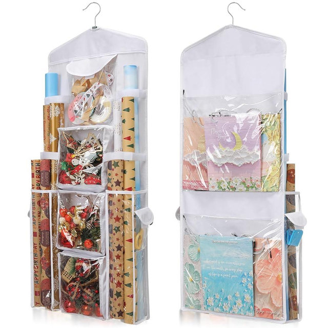 EXLIFBAG Gift Wrap Organizer, Wrapping Paper Storage Holder Double-Sided Hanging Gift Bag Storage Organizer, White