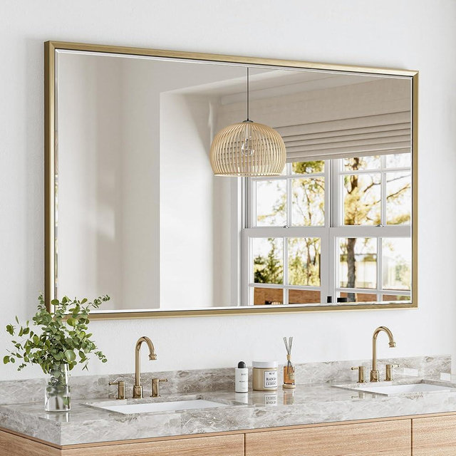 QueenFun 60 x 36 Gold Bathroom Mirror, Brushed Gold Beveled Bathroom Mirror, Shatterproof Large Gold Frame Rectangle Mirror, Brushed Brass Gold Framed Vanity Mirror Vertical/Horizontal Wall-Mounted