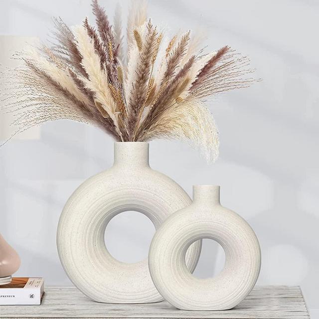 White Ceramic Vase - Set of 2 for Home Decor,Round Matte Pampas Vases Minimalist Nordic Boho Style for Modern Farmhouse Decor, Living Room, Shelf , Table, Bookshelf, Mantel and Entryway Decor Vases