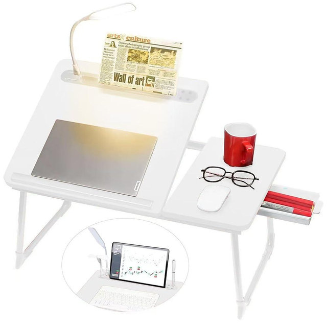 CloudTrip Plus XL Adjustable Laptop Desk with Light, USB Port, iPad Holder, Drawer Storage - Larger 23.6IN Adjustable Lap Desk for Bed, Home Office, Breakfast Tray, Fordable Legs Desk (White)