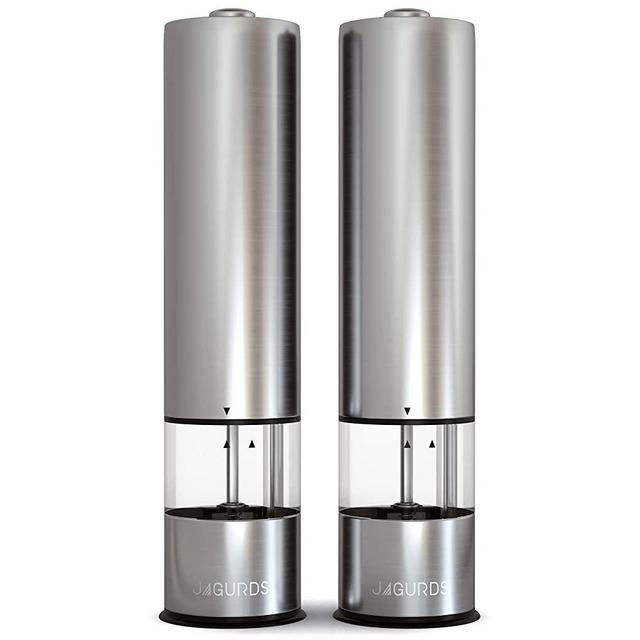 Electric Salt and Pepper Grinder Set - Automatic, Refillable, Battery Operated Stainless Steel Spice Mills with Light - One Handed Push Button Peppercorn Grinders and Sea Salt Mills