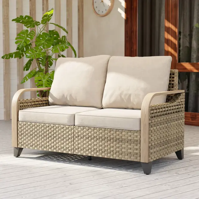 EAGLE PEAK Wicker Outdoor Patio Sofa Modern Rattan Patio Furniture Loveseat for Backyard Deck Porch Balcony, 2 Seat Loveseat, Brown/Gray