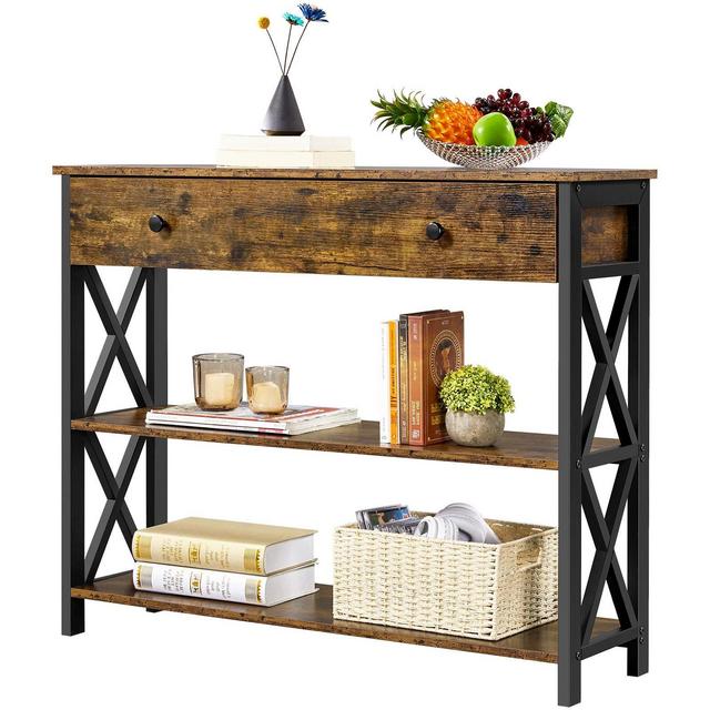 YAHEETECH Industrial Console Table with Drawer, Sofa Table Narrow Console Table for Entryway/Living Room, Entry Table with 2 Tier Open Shelves, Rustic Brown
