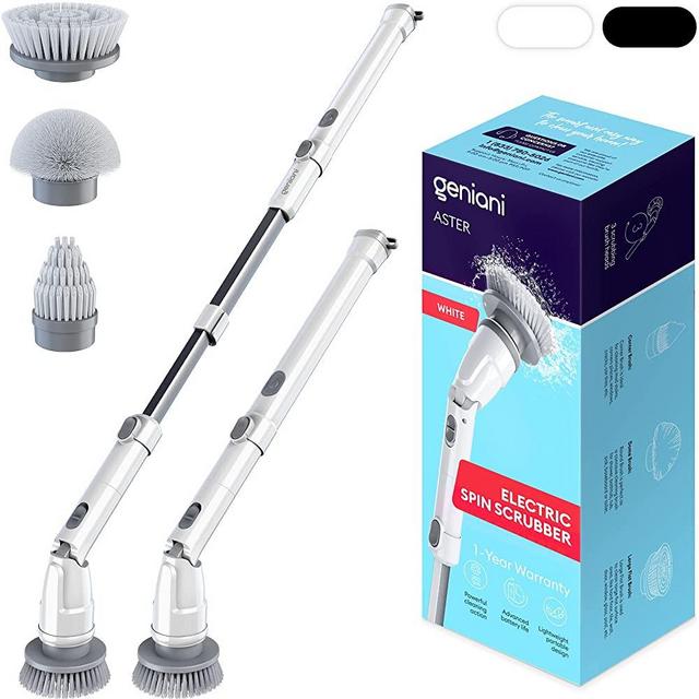 GENIANI Electric Spin Scrubber - 360 Cordless Powerful Scrub Brush for Cleaning Bathroom, Tile, Floor, Tub and Shower with Adjustable Extension Handle and 3 Replaceable Rotating Brush Heads (White)