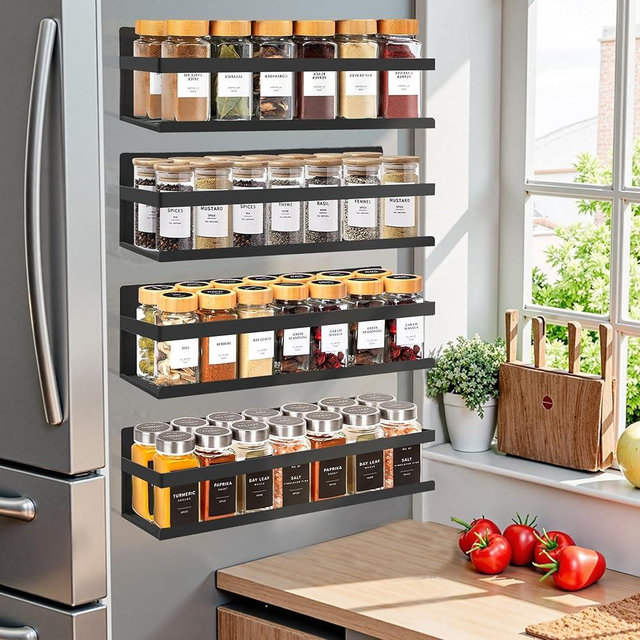 Magnetic Spice Rack Organizer for Fridge Seasoning Organizer for Kitchen Storage With Screw Magnetic Shelf for Oven, RV,Garage,Bathroom(Black, 4pack)