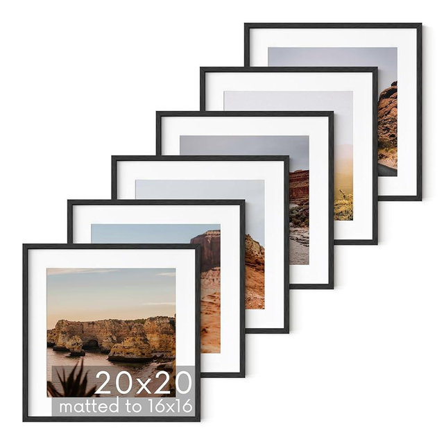 HAUS AND HUES Solid Oak Wood 20”x20” Picture Frames Matted to 16”x16” Set of 6-20x20 Black Square Frames for Gallery Wall, Square Picture Frames, 20 x 20 Wood Picture Frames with Mat