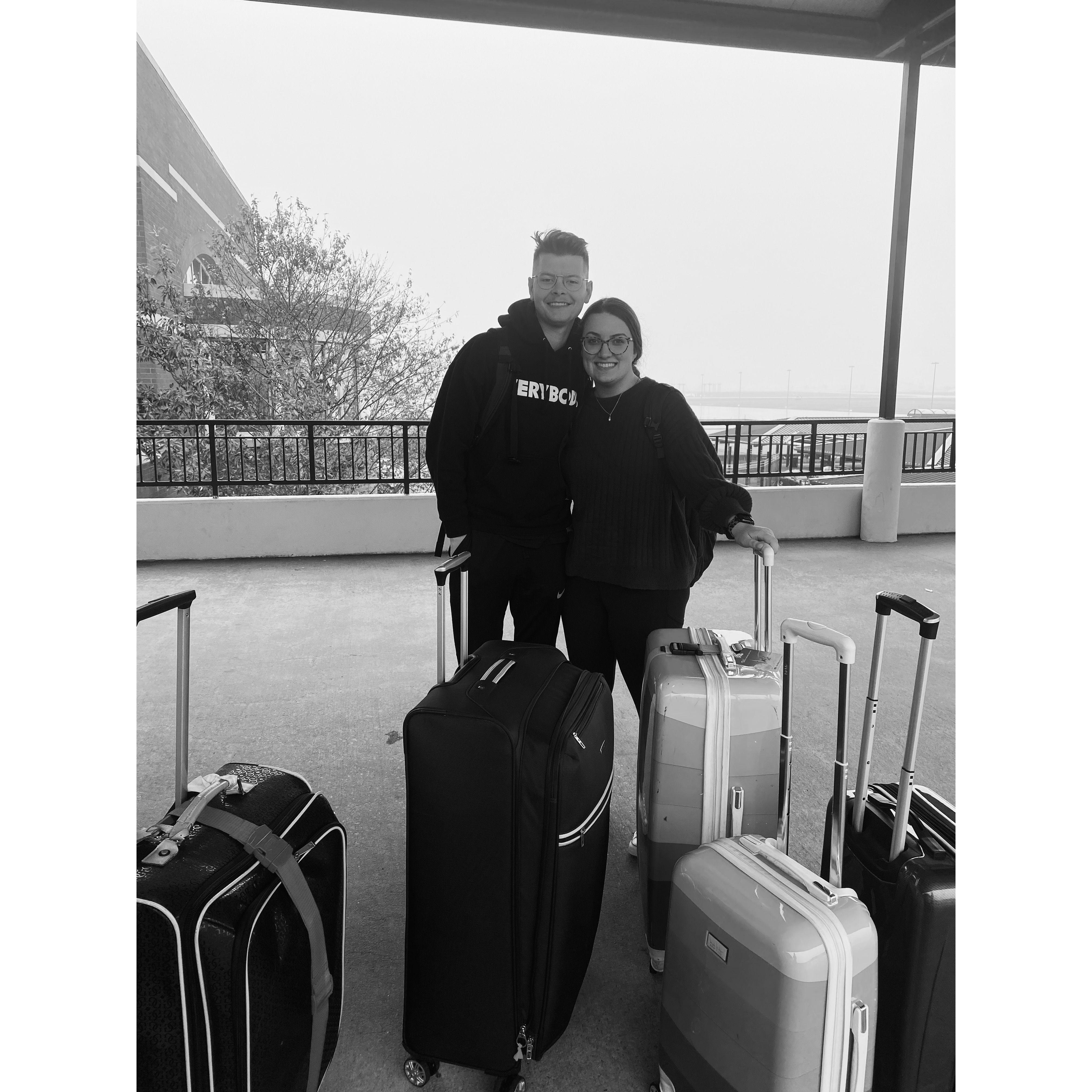 Two days after the proposal -  getting ready to board a plane to England!