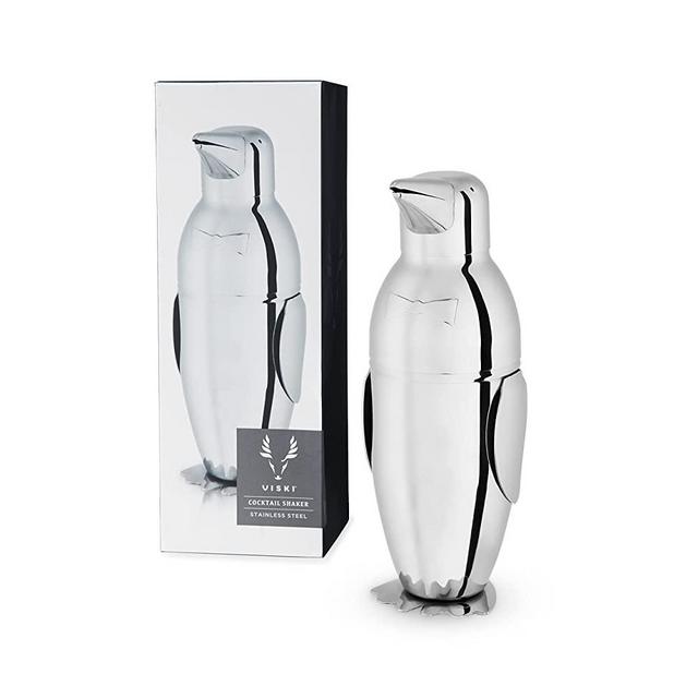 Viski Penguin Cocktail Shaker, 17 oz Stainless Steel Cobbler Shaker With Strainer