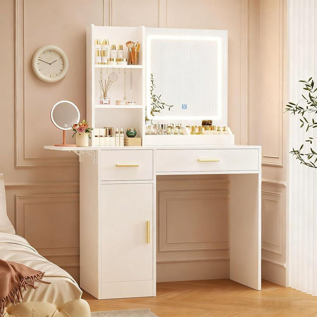 ERLEJIA Vanity Desk with Mirror and Lights & Extral Foldable Desk, 31.5"-39.37" Makeup Vanity Table with 4 Drawers and 3 Open Shelves, Dressing Table for Bedroom (White 11)