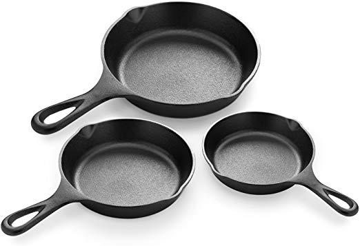 Simple Chef Cast Iron Skillet 3-Piece Set - Best Heavy-Duty Professional Restaurant Chef Quality Pre-Seasoned Pan Cookware Set - 10", 8", 6" Pans - Great For Frying, Saute, Cooking, Pizza & More,Black