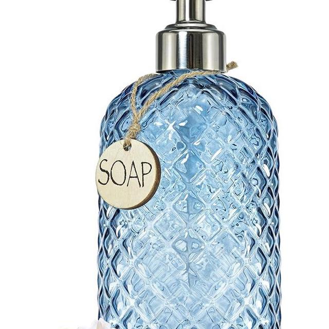 JASAI 18Oz Gem Patterned Glass Soap Dispenser for Kitchen, Refillable Hand Soap Dispenser with Rust Proof Stainless Steel Pump, Clear Soap Dispenser Bathroom for Dish Soap, Hand soap, Lotion(Blue)