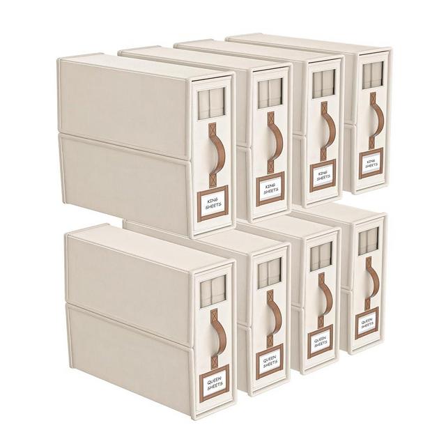 BigPonPon 8 Pack Bed Sheets Organizers And Storage (King Size),Foldable Sheet Organizer With Handle For Linen Closet,Bedding Organizer Storage For Sheets, Duvet Cover (Beige)