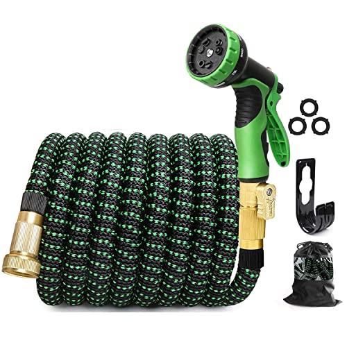 EASYHOSE 50ft Expandable Water Garden Hose,Expanding Flexible Hose with Strength Stretch Fabric with Brass Connectors - 9 Way Spray Nozzle +12 Months Warranty