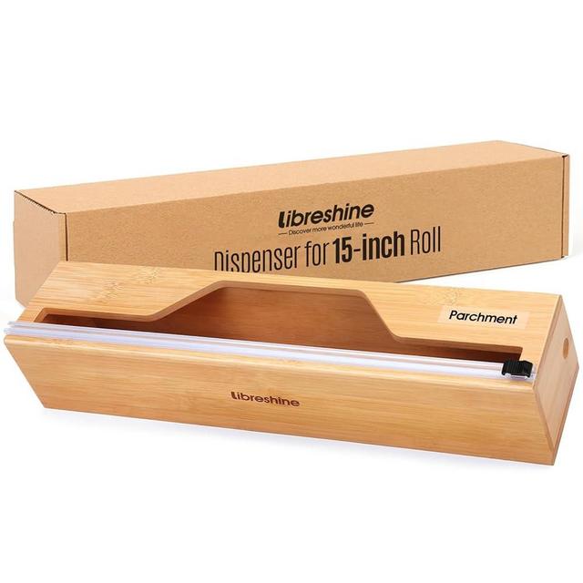 Libreshine Long Foil and Plastic Wrap Organizer with Cutter, Holder for 15 Inch Parchment Paper Roll, Bamboo Wall Mount Kitchen Wrap Dispenser