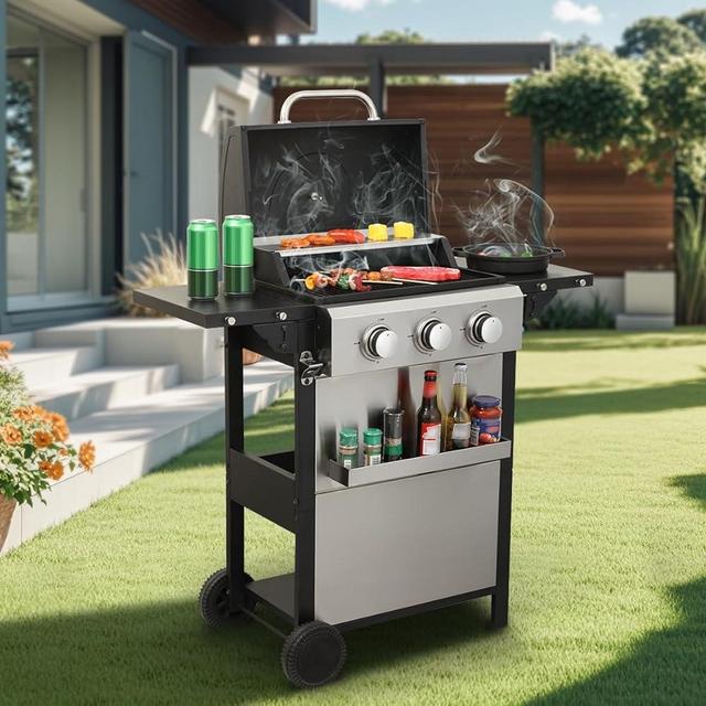3-Burner Propane Gas Grill, 25,650 BTU Outdoor BBQ Grill with Stainless Steel Warming Rack, Enameled Cooking Grids, Built-in Thermometer & Foldable Side Tables - Portable Design with 6" Wheels
