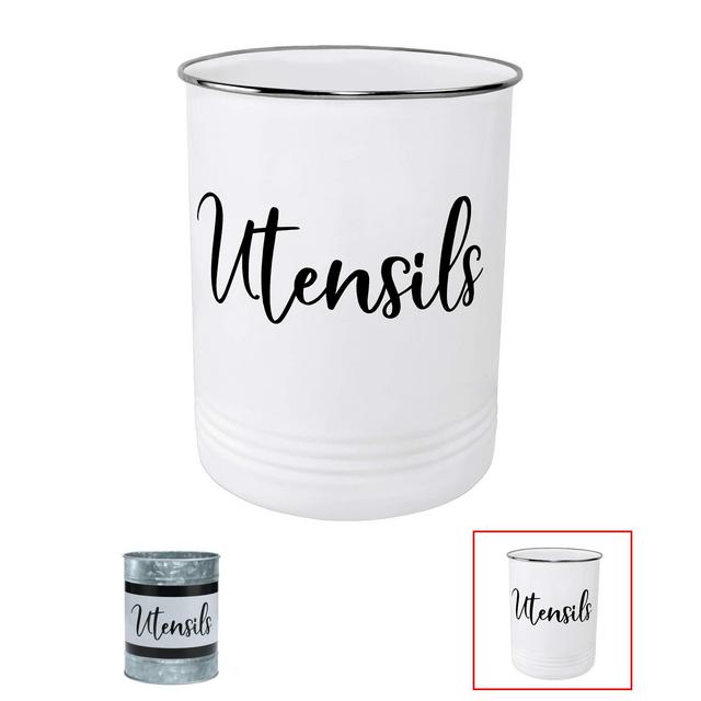 Kitchen Utensil Holder-Modern Farmhouse Kitchen Decor-Large White and Black Utensil Crock-Vintage Organizer- Kitchen Tool Caddy-Stainless Steel Rim-Countertop Storage Solution by Home Acre Designs