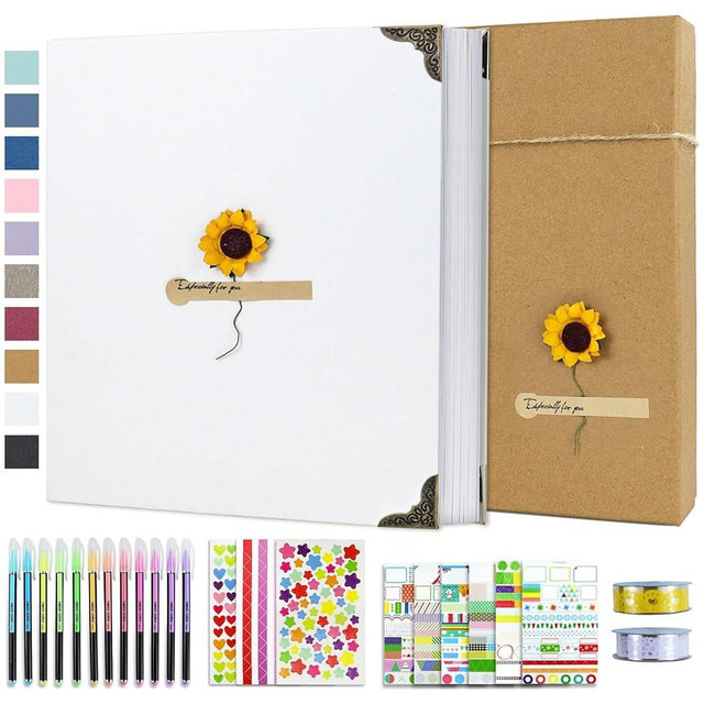 Vienrose DIY Scrapbook Photo Album Kit with Pens Tapes and Stickers 60 Pages Hardcover 12x12 Inches 3 Rings Removable Black Paper Scrapbooking for Lover Friends Kids Wedding White