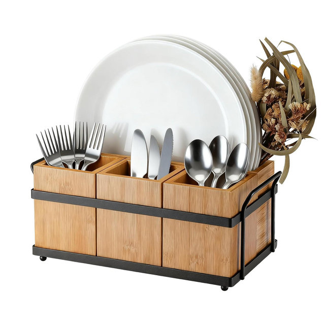 Bamboo Utensil Holder for Party, Wooden Flatware Silverware Caddy with 4 Detachable Compartments & Metal Tray, Kitchen Cooking Utensil Organizer