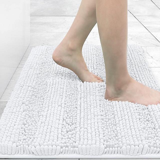 Grandaily Chenille Striped Bathroom Rug Mat, Extra Thick and Absorbent Bath Rugs, Non-Slip Soft Plush Shaggy Bath Carpet, Machine Wash Dry, Bath Mats for Tub, Shower and Bath Room, 32x20, White
