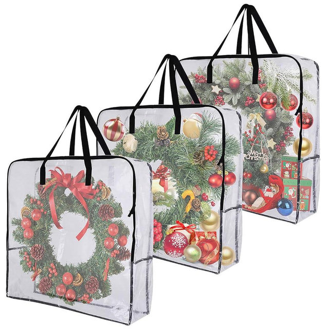 3 PCS Wreath Storage Container,25 inch Wreath Storage Bag Christmas Storage,Christmas Wreath Storage,Christmas Ornament Storage Box,Clear Storage Bags with Handles,Large Gifts Bag Storage