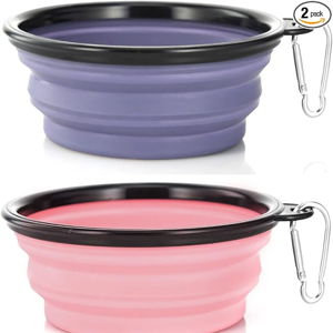 Dog Bowl Pet Collapsible Bowls, 2 Pack Collapsible Dog Water Bowls for Cats Dogs, Portable Pet Feeding Watering Dish for Walking Parking Traveling with 2 Carabiners (Small, Purple+Fairy Pink)