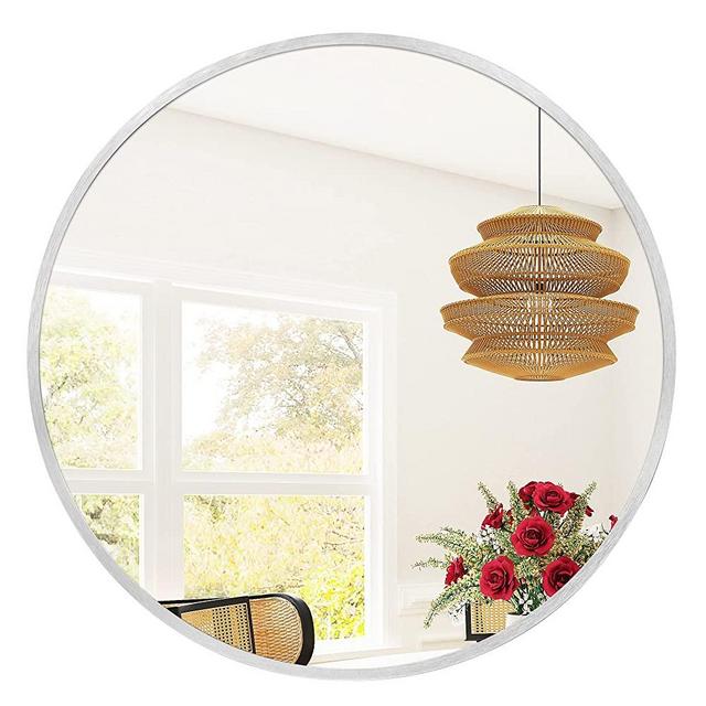Golden State Art, 20" Silver Round Mirror, Circle Wall Mirror for Bathroom, Living Room, Bedroom, Wall Decor, Vanity and More Decorative Aluminum Circular Mirrors