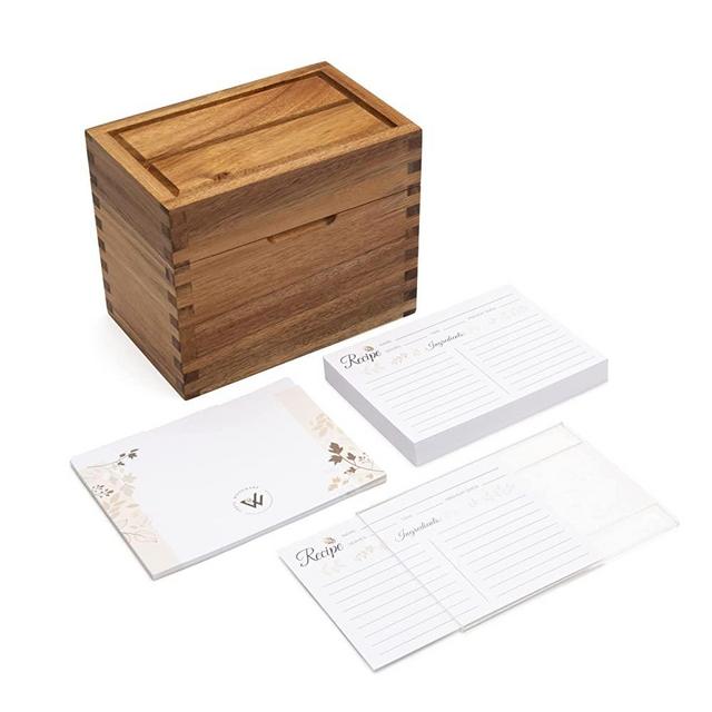 Recipe Box with Cards and Dividers 4x6 - Wooden Recipe card box set includes an acrylic recipe card holder, 50 premium blank recipe cards and 12 dividers - Smooth mineral oil and beeswax finish