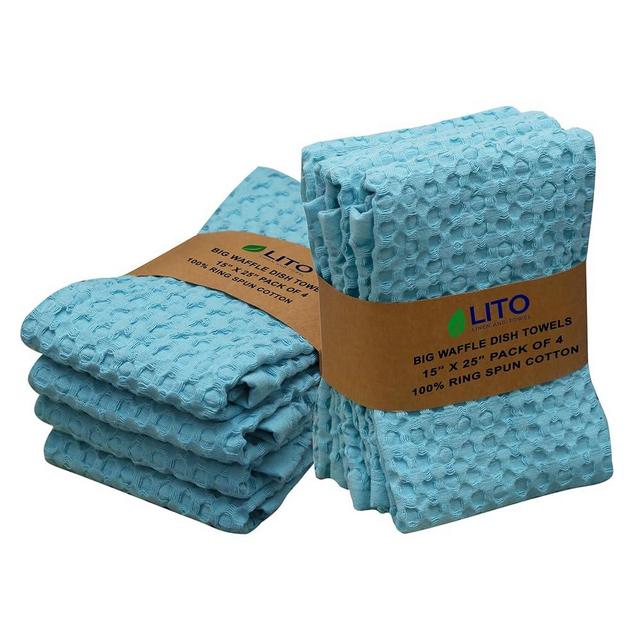 Kitchen Towels | Cotton Dish Towels for Drying Dishes| Absorbent Kitchen Dish Towels, Dish cloths| Tea Towels for Embroidery|15"x25" Big Waffle Light Blue Towels 4-Pack
