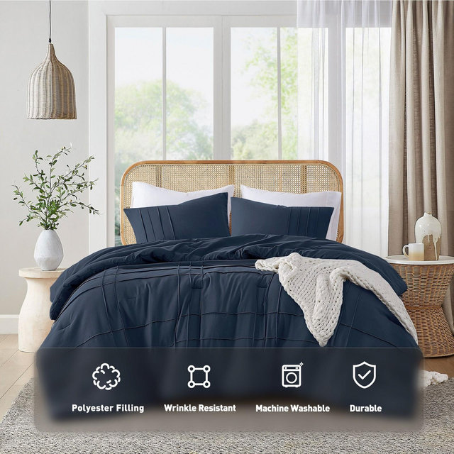 3Pcs Comforter set Pinch Pleat Comforter for All Seasons Stylish Grid Pattern Bedding Set, Lightweight Solid Bed Comforter Sets, Navy, Queen