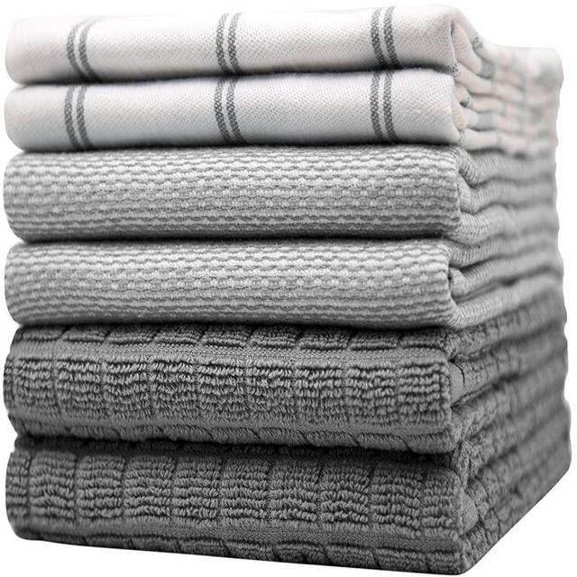 Premium Kitchen Towels (20”x 28”, 6 Pack) – Large Cotton Kitchen Hand Towels – Check Flat & Terry Towel – Highly Absorbent Tea Towels Set with Hanging Loop – Grey