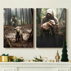 2Pcs Framed Jesus and Lamb Canvas Wall Art Jesus Save Lost Lamb Posters Prints Vintage Christian Pictures Wall Decor For Bedroom Modern Jesus Paintings Decorative Art(Jesus, 12x16in Framed)