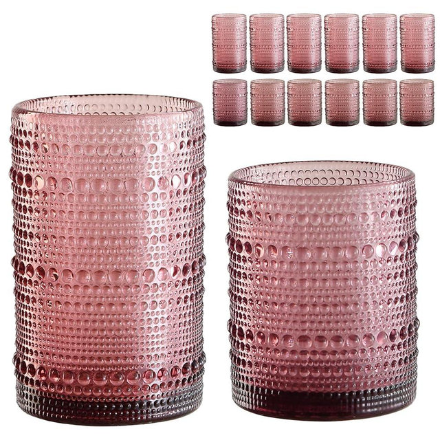 ZMOWIPDL Vintage Glassware Drinking Glasses Set of 12,Purple 12oz & 15oz Hobnail Glass Cups,Embossed Water Tumbler,for Beer,Cocktail,Whiskey,Juice and Various Mixed Drinks- 1 Cleaning Brush