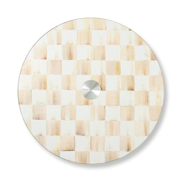 MACKENZIE-CHILDS Glass Lazy Susan, Round Rotating Serving Board, Brown-and-White Mocha Check