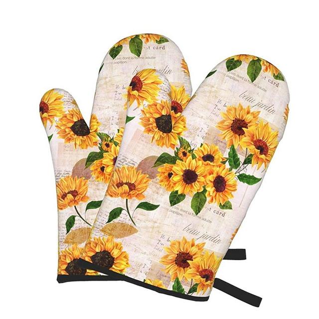 Vintage Grunge Yellow Sunflower Floral Print Oven Mitts, Heat Resistant Kitchen Waterproof Gloves with Inner Cotton Layer for Cooking BBQ Baking(2pcs)