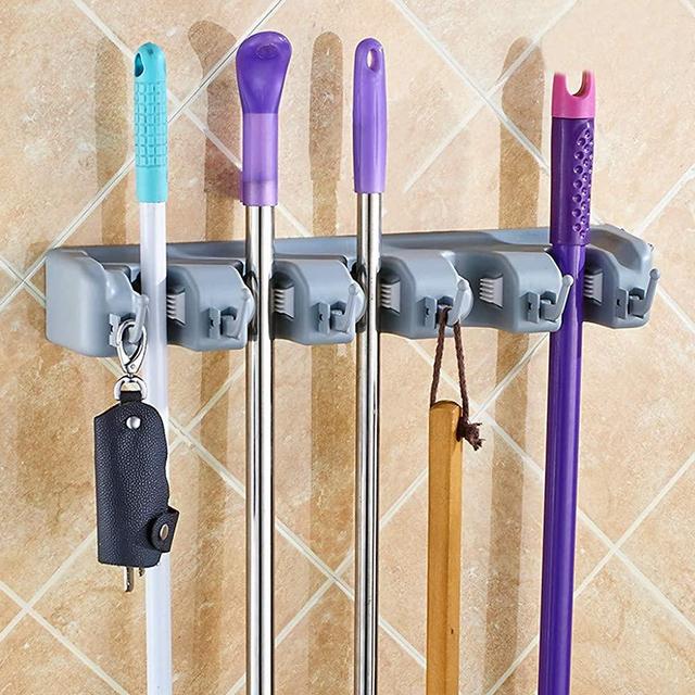 Broom Holder Wall Mount and Garden Tool Organizer, Closet Storage, Kitchen Rack, Home Organization Up to 1.25 Inches (Grey)