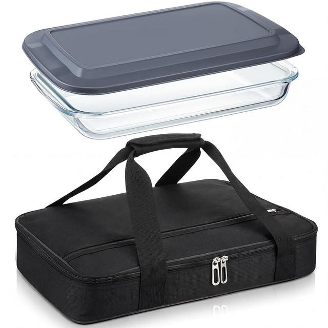 FoldTier Glass Baking Dish with Lid Glass Casserole with Carrier 9 x 13 Inch Insulated Bag for Hot or Cold Food Deep Casserole Dish for Oven Potluck Party Picnic Cookouts (Black)