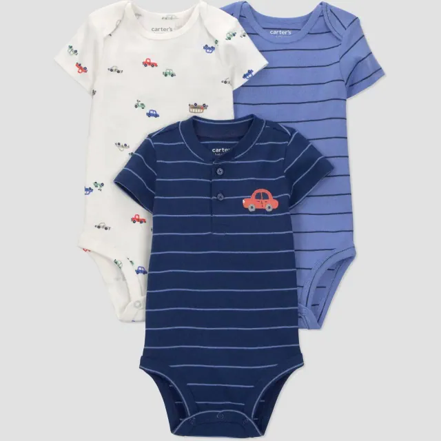 Carter's Just One You® Baby Boys' 3pk Striped Cars Bodysuits - White/Blue/Navy Blue 3M