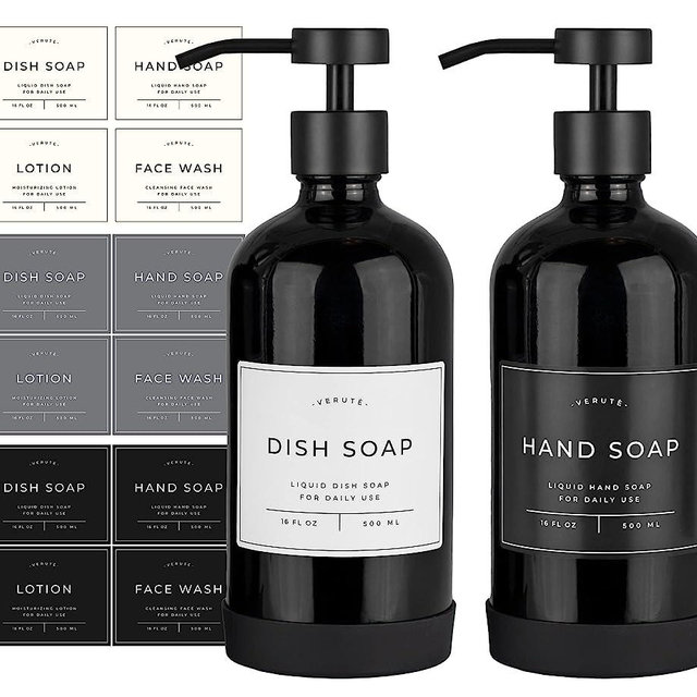 Verute 16oz Dark Glass Soap Dispenser with Stainless Steel Pump, 12 Waterproof Labels and Non-Slip Protective Silicone Pad, Set of 2 for Bathroom and Kitchen (Gloss Black Bottle/Black Pump)