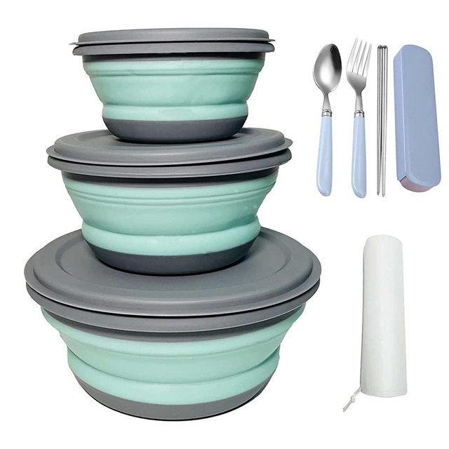 Camping Bowl, RMAMSCOV 3 PCS Food Grade Silicone Collapsible Bowl Lunch Box Salad Bowl with Lid , Expandable Food Storage Containers Set with Free folding tableware and storage bag (Blue)