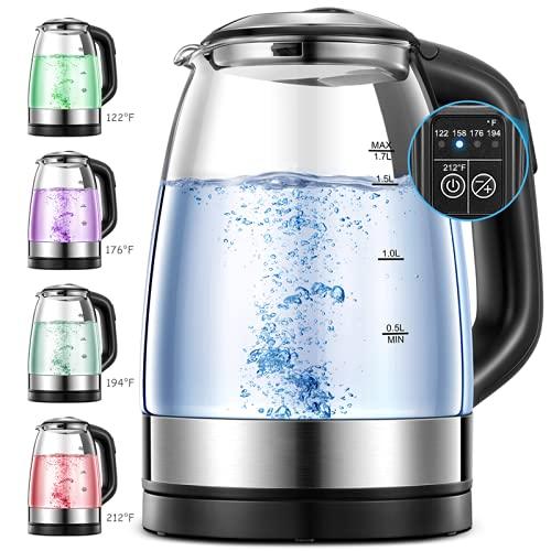 Electric Kettle, Glass Kettle Temperature Control With 5 Colors LED Lights Variable, Keep Warm 2H, Fast Boiling Electric Kettle, Stainless Steel Inner Lid & Bottom, 1.7L