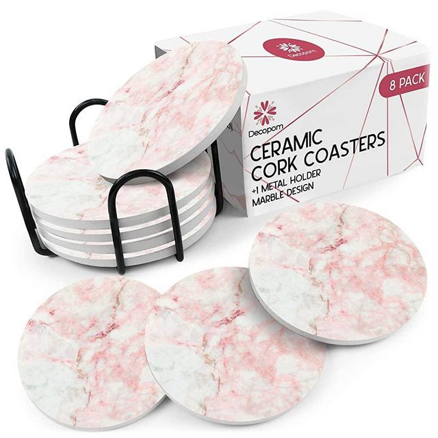 Coasters for Drinks Ceramic Cork Set - 8 Pcs Absorbent Rose Marble Design Coasters with Metal Holder for Cups Mugs Coffee Wine Wooden Glass Tabletop Protection Bar Table House Warming Gift Home